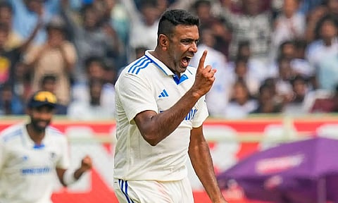 Ravichandran Ashwin during the Day 2 of the Test match against England at Niranjan Shah Stadium in Rajkot. (PTI)