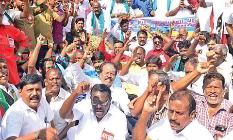Trade union members staging protest in Coimbatore