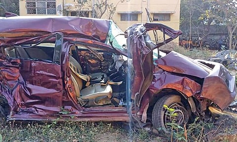 Mangled remains of the students’ car