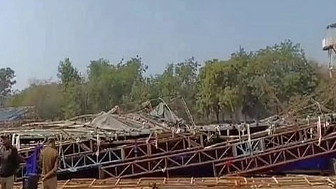 A structure installed near Gate number 2 of Jawaharlal Nehru Stadium collapsed. (Photo/ANI).