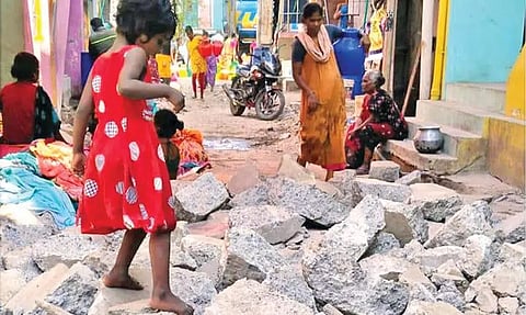 The dug up concrete road to lay tar at VOC Nagar third Street