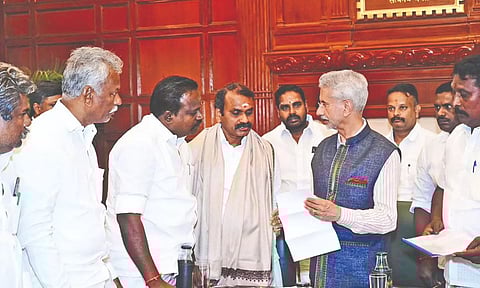 A delegation of Tamil fishermen association on Monday called on External Affairs Minister S Jaishankar along with MoS L Murugan and submitted a memorandum