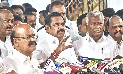 Edappadi K Palaniswami speaks to media during the Budget session of the Assembly, on Monday