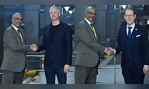 Latvia's Foreign Minister Krisjanis Karins, Sweden's Foreign Minister Tobias Billstrom arrive in Delhi (ANI)