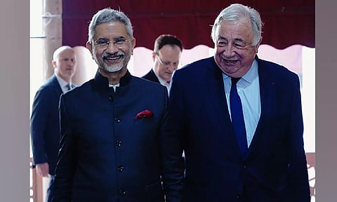 External Affairs Minister S Jaishankar meets French Senate Chairman Gerard Larcher in New Delhi on Tuesday