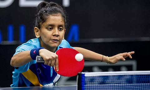 Indian paddler Manika Batra in action during the World Table Tennis (WTT) Star Contender Goa 2024 in Mapusa. (PTI)