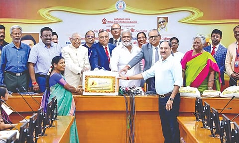 HR&amp;CE Minister PK Sekarbabu handing over jewels of eight temples to SBI officials on Tuesday