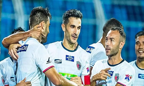 Northeast United players celebrated a goal (ANI)