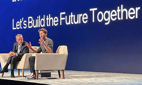 OpenAl Sam Altman, right, discusses the need for more chips designed for artificial intelligence with Intel CEO Pat Gelsinger. (AP)