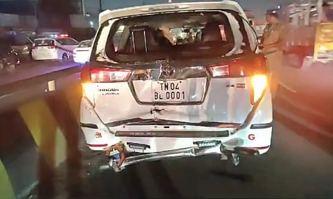 Visual of the car in which Chennai Mayor R Priya was travelling after being hit by a truck from behind.