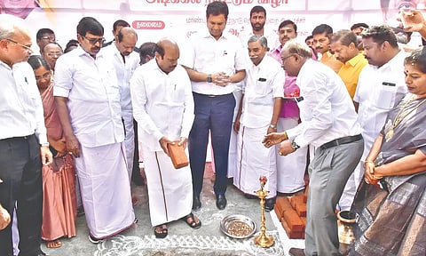 Minister EV Velu laying foundation for the RoB at Needamangalam in Tiruvarur on Friday