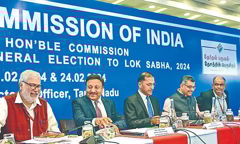 Chief Election Commissioner Rajiv Kumar with senior officials during a consultation meeting to review the poll preparedness for the forthcoming Lok Sabha elections in Chennai on Friday