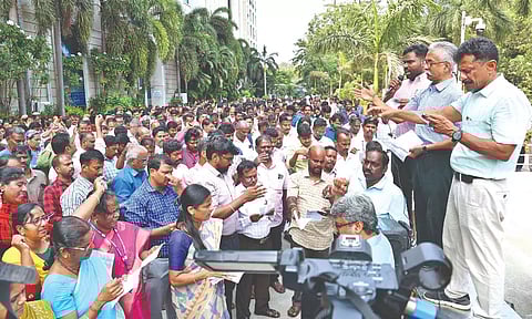 Government employees protesting at the Secretariat on Friday