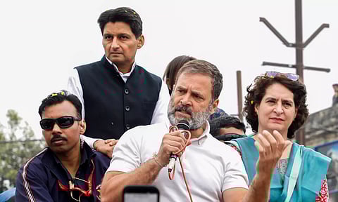 Congress MP Rahul Gandhi with sister and party leader Priyanka Vadra during the 'Bharat Jodo Nyay Yatra' in Aligarh on Sunday. (PTI)
