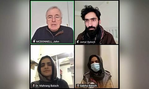 Photo of teh virtual session hosted by British MP John McDonnell ( X/ @MahrangBaloch)