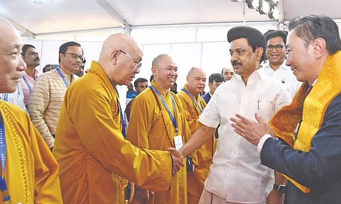 CM Stalin and VinFast India CEO Pham Sanh Chau with Buddhist monks from Vietnam