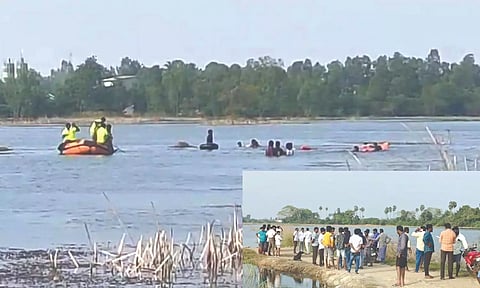Rescue team in operation at the Panangatoor Lake near Maraimalainagar
