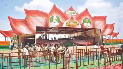 The venue for Prime Minister Modi’s public meeting getting ready at Palladam in Tirupur district, on Monday