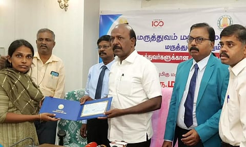 Health minister Ma Subramanian handed over an amount of Rs 1 crore each to the kin of seven government doctors who died on duty in the year 2022.