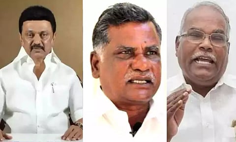 Chief Minister M K Stalin and secretaries of the CPI (R Mutharasan) and CPM (K Balakrishnan)