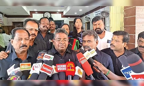 Opposition party councillors addressing the press