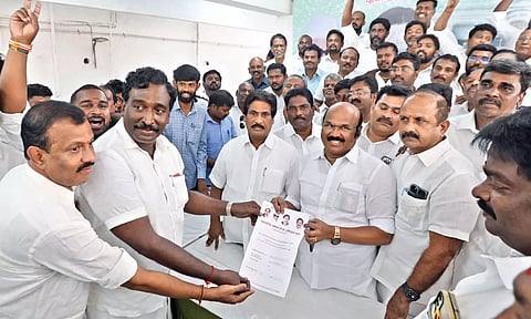 AIADMK cadre submitting applications for contesting in Lok Sabha polls at party headquarters in Chennai on Friday