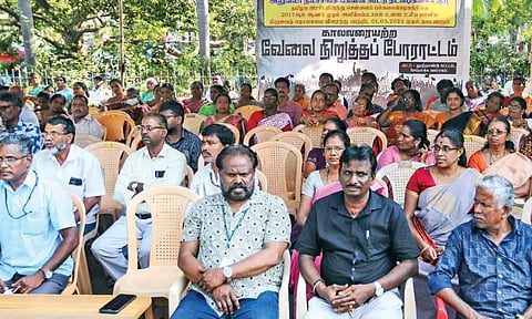 Faculty members and administrative staff of University of Madras on a strike on Friday after IT dept’s action blocked salary payment