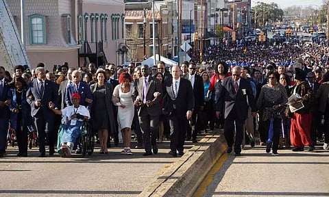 U.S. Vice President Kamala Harris take part in a march across the Edmund Pettus Bridge to mark the 'Bloody Sunday' anniversary (Reuters)
