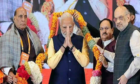 Prime Minister Narendra Modi with Defence Minister Rajnath Singh, Union Home Minister Amit Shah and BJP President JP Nadda (Photo/ANI)