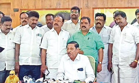 DMK organising secretary RS Bharathi addressing media persons in Cuddalore on the issue