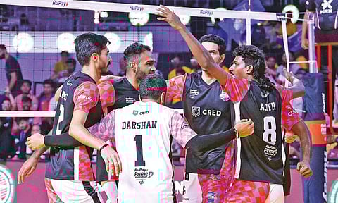 Mumbai’s Ajith celebrates after scoring a point