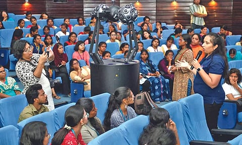 Swati Mohan, NASA’s chief engineer of Mars Launch System, interacting with students in the city on Tuesday (Photo: Manivasagan N)