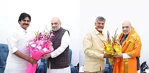 Union Home Minister Amit Shah and Jana Sena leader Pawan Kalyan, TDP President N. Chandrababu Naidu