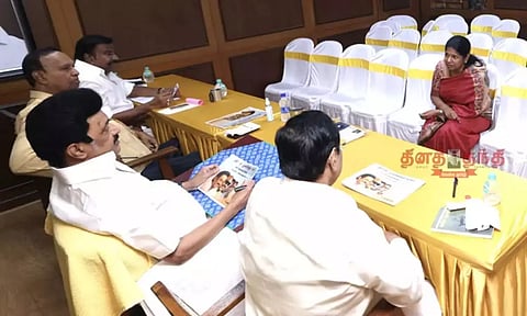 Kanimozhi taking part in the interview process. Daily Thanthi