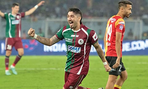 Dimitrios Petratos of Mohun Bagan Super Giants celebrates after scoring a goal against East Bengal FC in the ISL on Sunday. Mohun Bagan won 3-1a goal against East Bengal FC in the ISL on Sunday. Mohun Bagan won 3-1 
a goal against East Bengal FC in the ISL on Sunday. Mohun Bagan won 3-1