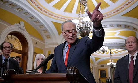 Senate Majority Leader Chuck Schumer speaking at a press conference at Capitol Hill in Washington, DC (Reuters)