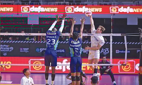 Action during Ahmedabad and Delhi in Prime Volleyball League