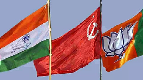 Flags of Congress, CPM and BJP (Photo/IANS)