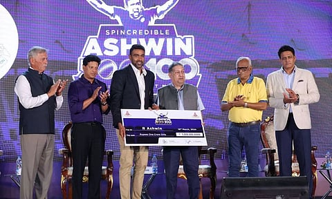 (from left) Roger Binny, P Ashok Sigamani, R Ashwin, N Srinivasan, Kasi Viswanathan and Anil Kumble at an event on Saturday