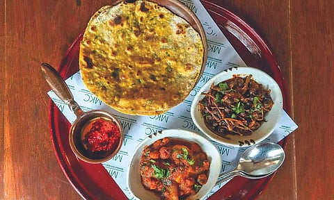 Rajasthani aloo mangodi, ker sangri, thepla and lehsun ki chutney (Photos: Hemanathan M)