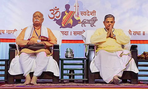 RSS Chief Mohan Bhagwat with RSS General Secretary Dattatreya Hosabale during the inaugural session of Akhil Bharatiya Pratinidhi Sabha in Nagpur (PTI)