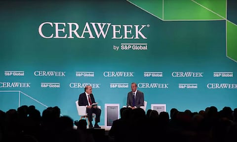 Mike Wirth, the CEO of Chevron Corporation, speaks with Daniel Yergin, the vice chairman of S&amp;P Global, as top energy executives and officials from around the world gather during the CERAWeek 2023 by S&amp;P Global