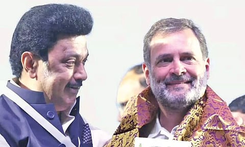 DMK president MK Stalin with Congress leader Rahul Gandhi in Mumbai on Sunday