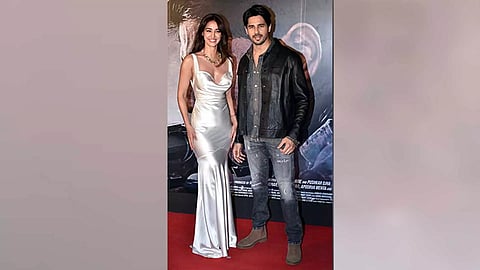 Bollywood actors Sidharth Malhotra and Disha Patani pose for a photo during the screening of the movie 'Yodha', at Jio World Drive in Mumbai. (Photo/ANI)