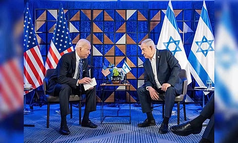 US President Joe Biden with Israeli Prime Minster Benjamin Netanyahu in Tel Aviv (Reuters)