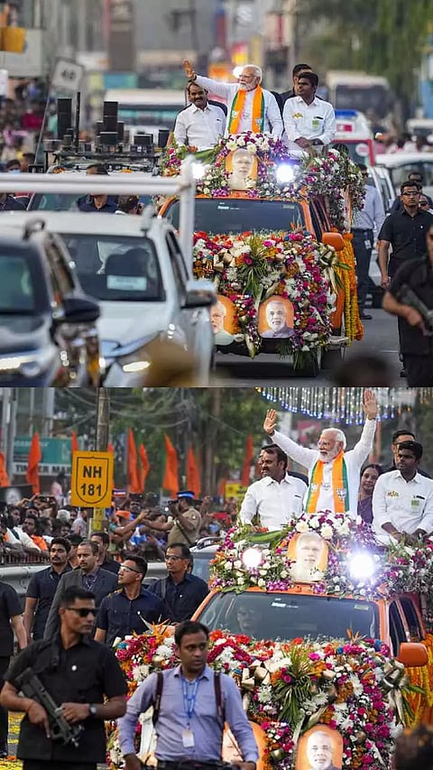 Prime Minister Narendra Modi during a road show ahead of Lok Sabha elections, in Coimbatore