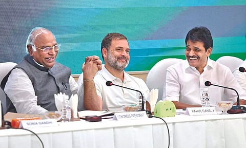 Congress president Mallikarjun Kharge with Rahul Gandhi and KC Venugopal during the CWC meeting