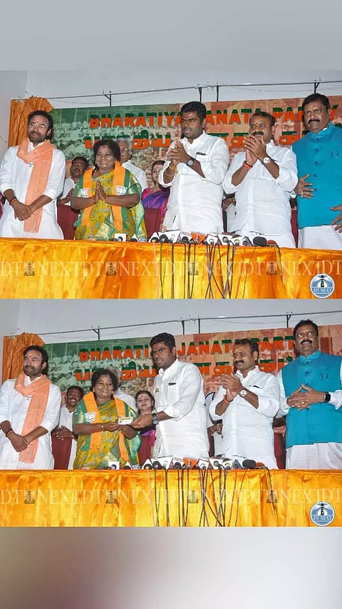 Tamilisai Soundararajan rejoins BJP in the presence of G Kishan Reddy, L Murugan, K Annamalai at Kamalalayam, Chennai.
