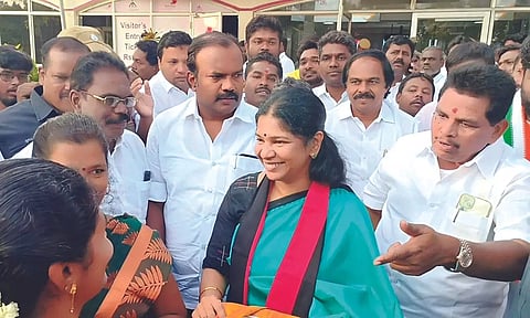 DMK LS candidate Kanimozhi Karunanidhi being welcomed in Thoothukudi constituency on Thursday