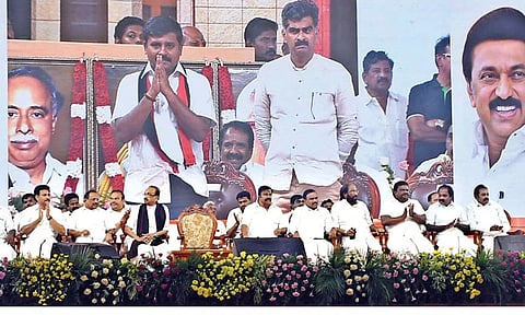 INDIA leaders at launch of the LS poll campaign by CM Stalin in Tiruchy on Friday